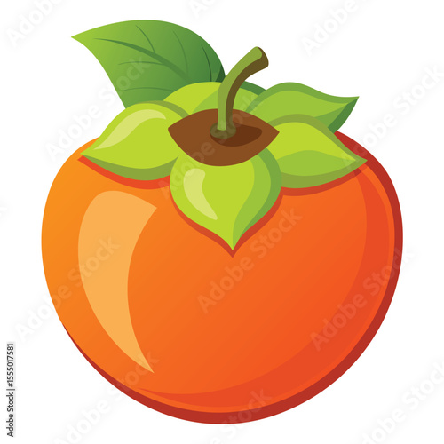 Cartoon illustration of a fresh orange persimmon fruit with green leaves