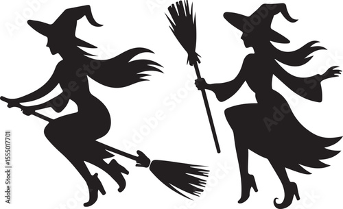 Set of flying witch with brooms silhouette vector illustration. Halloween witch set. Witch silhouette vector