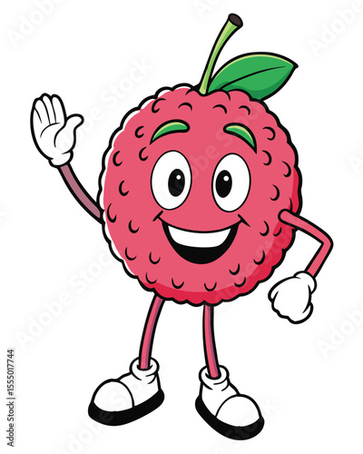 Cartoon lychee fruit mascot character with smiling face and waving hand