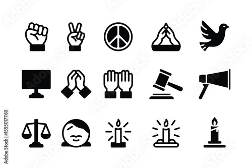 Fist peace dove praying hands scales gavel megaphone monitor candle raised fist clenched fist