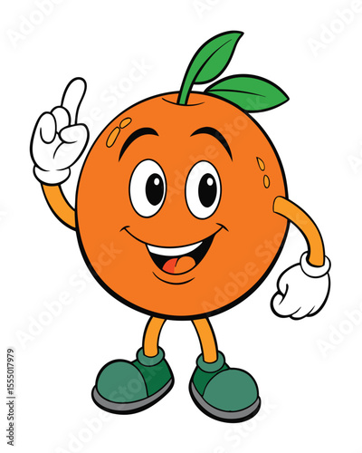 Cartoon orange character pointing with friendly smile and green shoes