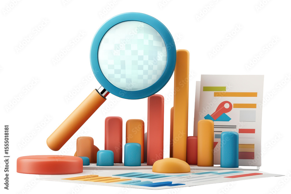 Obraz premium Colorful illustration featuring a magnifying glass over a collection of vibrant bar graphs and statistical data in a modern workspace