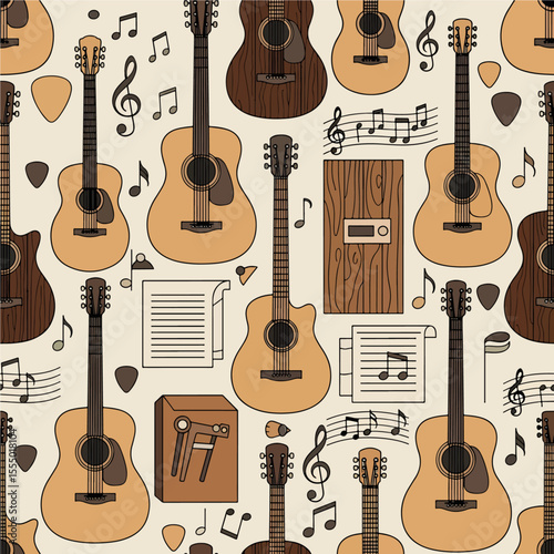 A charming seamless pattern celebrates acoustic music with an array of illustrated guitars, musical notes, and accessories on a light background. Vector Patterns