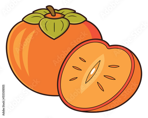 Cartoon persimmon fruit illustration whole and sliced in half drawing style