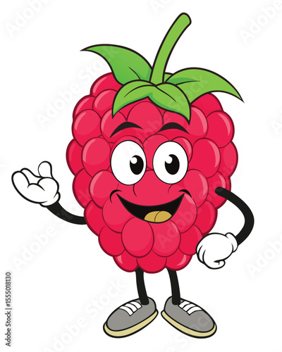 Cartoon raspberry character with smiling face and welcoming gesture on white