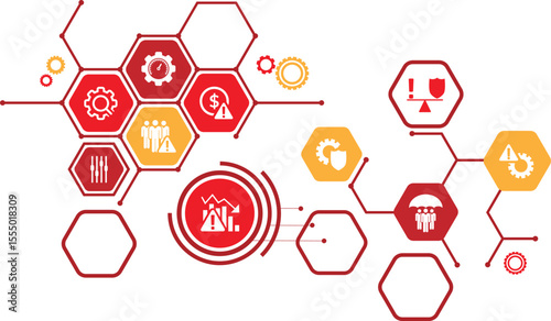 Risk management vector illustration. Concept with icons related to risk analysis or risk assessment and identification in business, in a company or in finance.