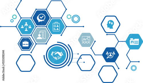 Onboarding vector illustration. Concept with connected icons related to welcoming new hire, welcome culture in the company, employee satisfaction, talent retention, workforce training.