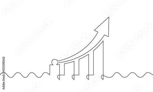 Continuous line drawing of graph. Single line art of sign symbol. Illustration vector of bar chart. Object one line of increasing arrow up. Flat icon of busines growth
