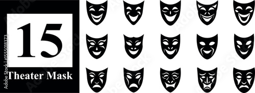 Collection of 15 black theater masks representing comedy and tragedy emotions silhouette isolated on transparent background