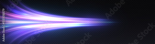 A stream of bright purple light with the effect of acceleration and breaking through space. Dynamic energy of movement on a dark background.