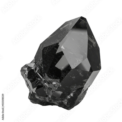 A close-up view of a dark crystal with sharp facets, set against a transparent background, highlighting its unique structure