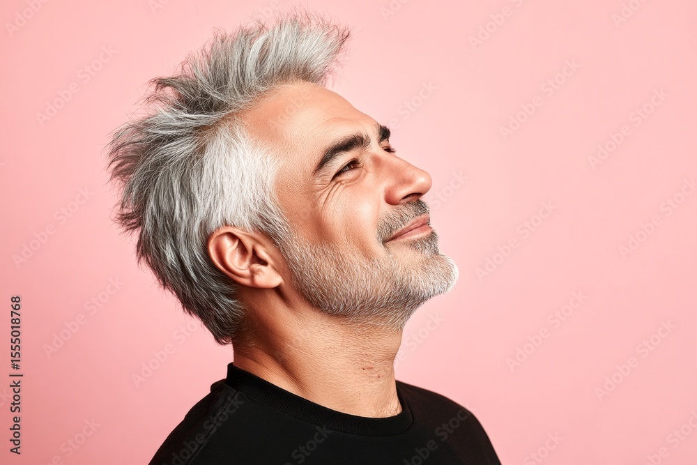 Obraz premium Classy men's spiky hair haircut - midlife middle eastern man with middle hair. Pink solid background. A modern and graceful man smiling naturally. Idea of style for aging men.
