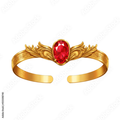 Elegant gold bracelet with a red gemstone centerpiece, showcasing intricate detailing, isolated on white