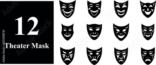 Collection of 12 black theater masks representing comedy and tragedy emotions silhouette isolated on transparent background