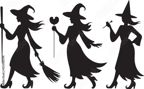 Set of flying witch with brooms silhouette vector illustration. Halloween witch set. Witch silhouette vector