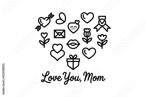 Heart shaped collection of love symbols and flowers with text arrow lips