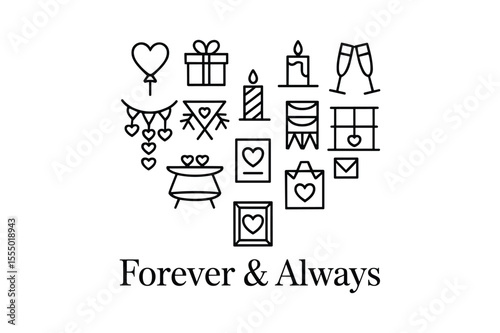 Heart shaped collection of romantic celebration icons balloon gift