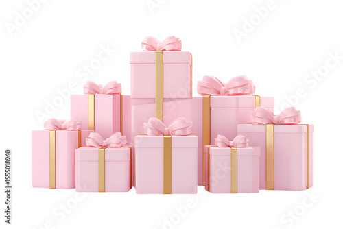 Stack of pink gift boxes with gold ribbon.