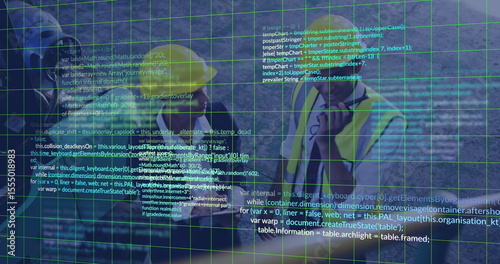 Reviewing plans, construction workers with digital image overlay on site