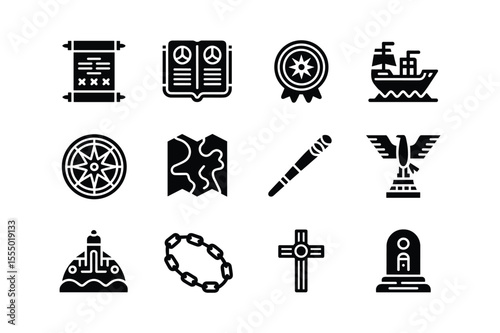 Historical Icons Collection Scroll Map Compass Ship Cross Chain Eagle Monument vector