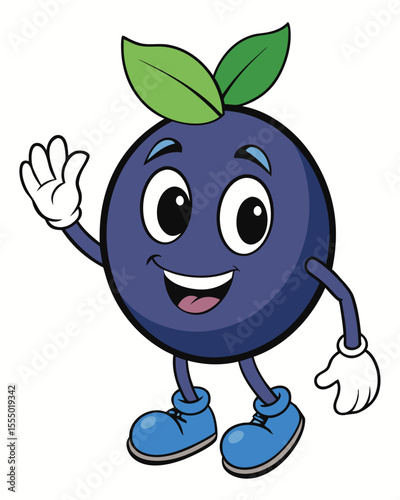 Cheerful cartoon blueberry mascot character waving its hand illustration