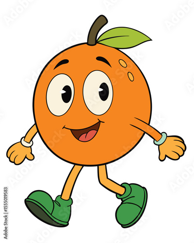 Cheerful cartoon orange character walking with a smile on a white background