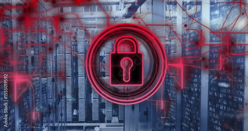 Cybersecurity image with red lock symbol over data servers for protection