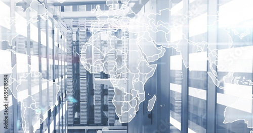 Data servers in modern facility with world map overlay image