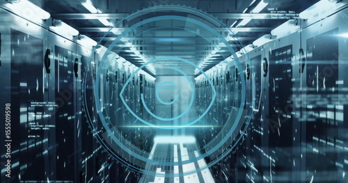 Futuristic data processing image over server racks in technology center