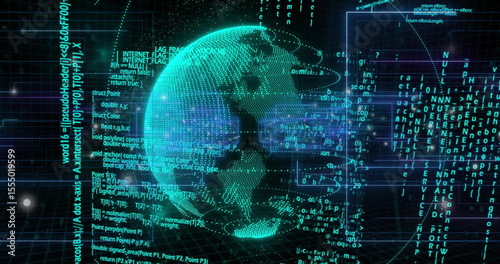 Image of digital globe with binary code, representing global data and technology