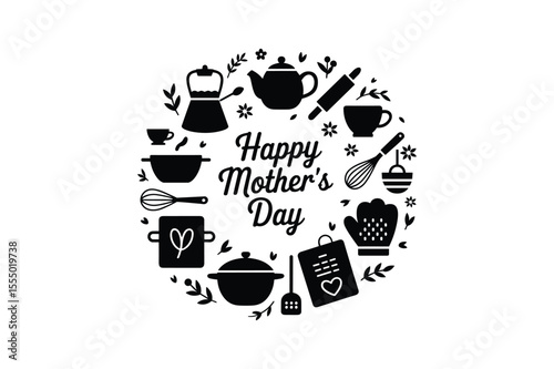Kitchenware and floral elements forming a circular design cooking baking