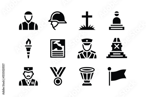 Military icons soldier helmet cross torch medal drum flag vector