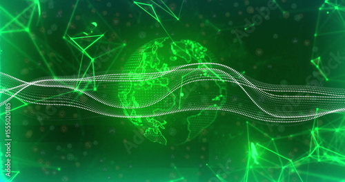 Green digital globe with flowing data lines and network connections image