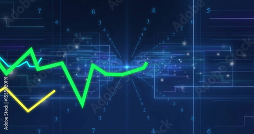 Image of green and yellow line graph over digital data background