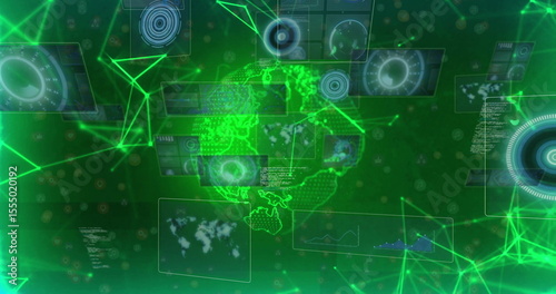 Image of digital globe with futuristic data processing and network connections
