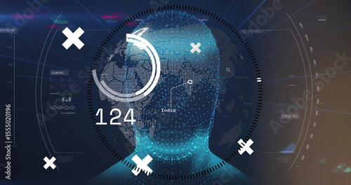Image of digital face with data and geometric shapes on world map background
