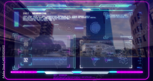 Image of futuristic digital interface with global data over cityscape background