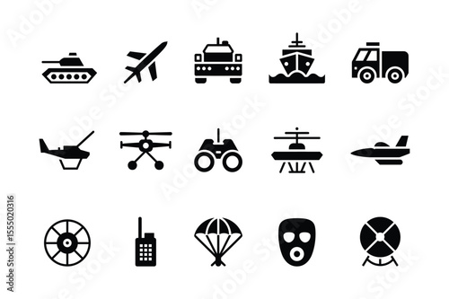 Military vehicles aircraft watercraft and equipment icons tank airplane
