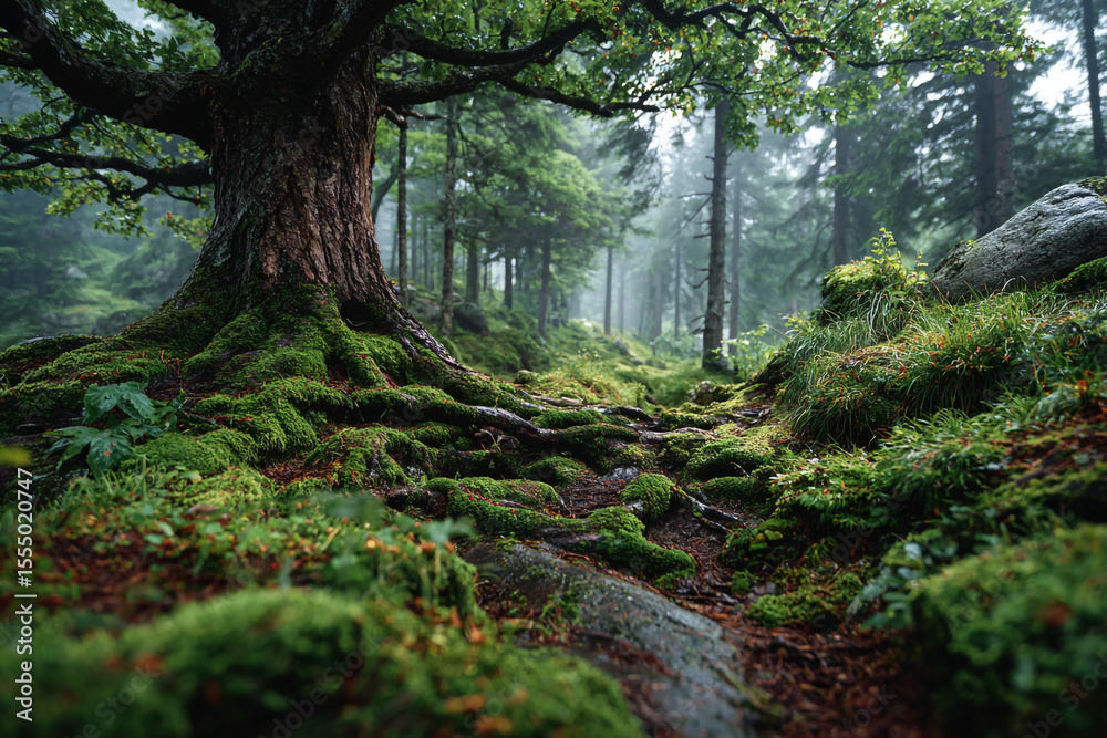 Obraz premium A mossy forest floor with a large tree and a path leading into the distance