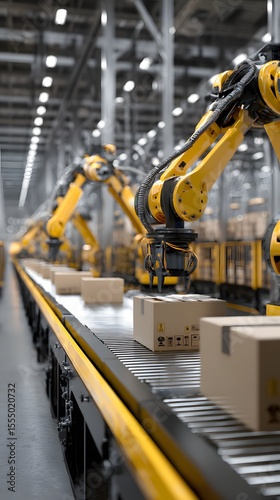 A robotic arm loads and moves boxes in a warehouse setting.Warehouse automation robot arm conveyor belt boxes logistics distribution center technology industry.