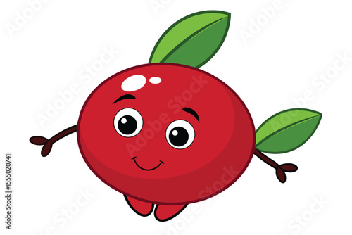 Cute cartoon cranberry character with happy expression and green leaves