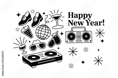 Party celebration elements with happy new year text disco ball boombox