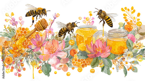 A honey bee insect flies to a yellow flower in nature, collecting pollen and nectar