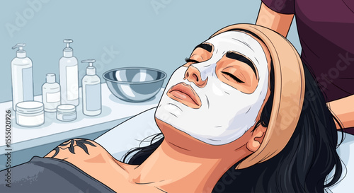 illustration of woman with treatment mask on her face having a spa day, vector image 