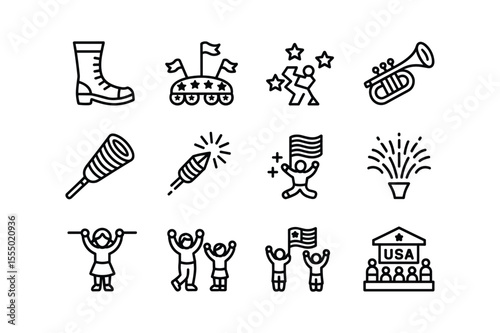 Patriotic celebration icons featuring people flags and fireworks parade festival
