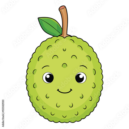 Cute cartoon soursop fruit illustration with smiling face and green leaf