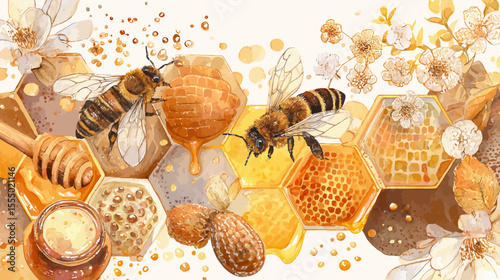 A sweet, isolated honey bee with a honeycomb on a white background