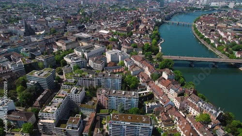 A aerial view around the old town in the city Moutier in Switzerland on a sunny spring day