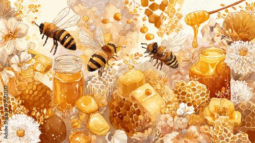 Golden honeycomb and liquid honey in a glass, isolated on a white background, create a healthy, natural, and sweet food ingredient