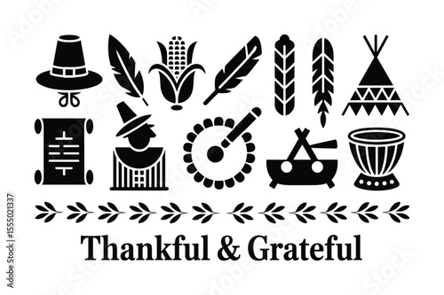 Pilgrim hat corn feathers scroll teepee drum and text vector